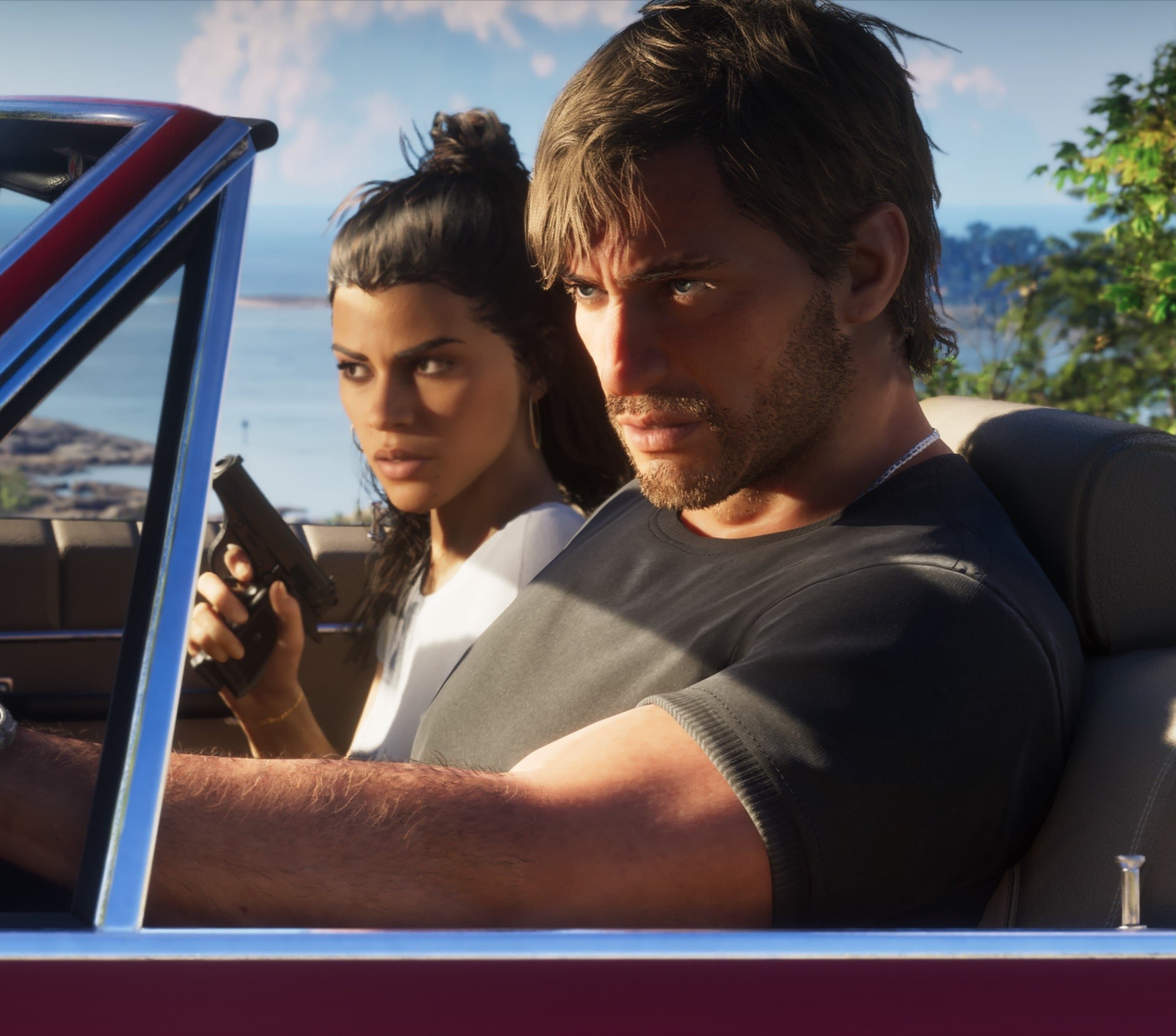 Jason and Lucia seated in a convertible, with Lucia holding a handgun.