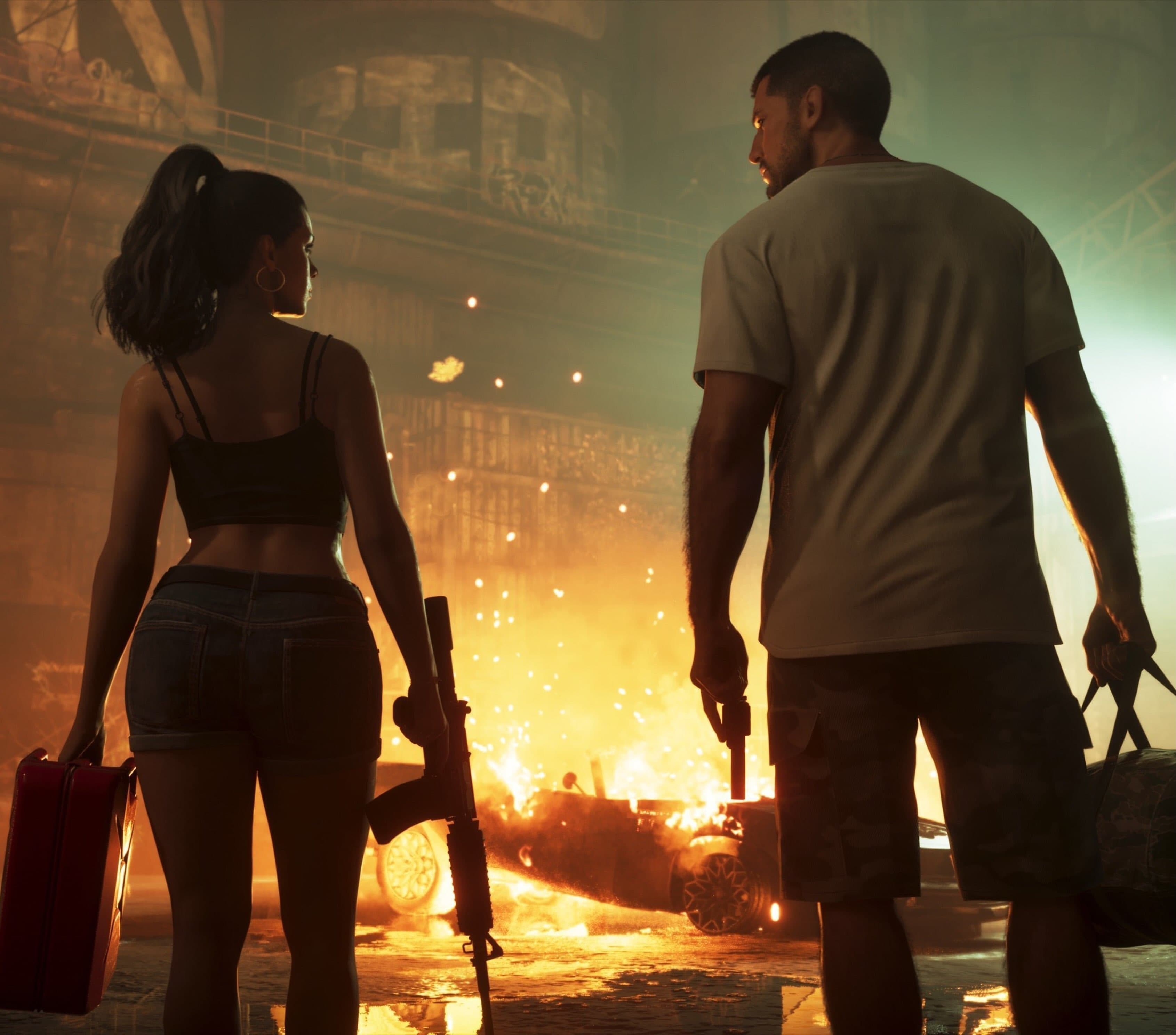 Lucia and Jason walking away from a burning vehicle while carrying weapons and bags.