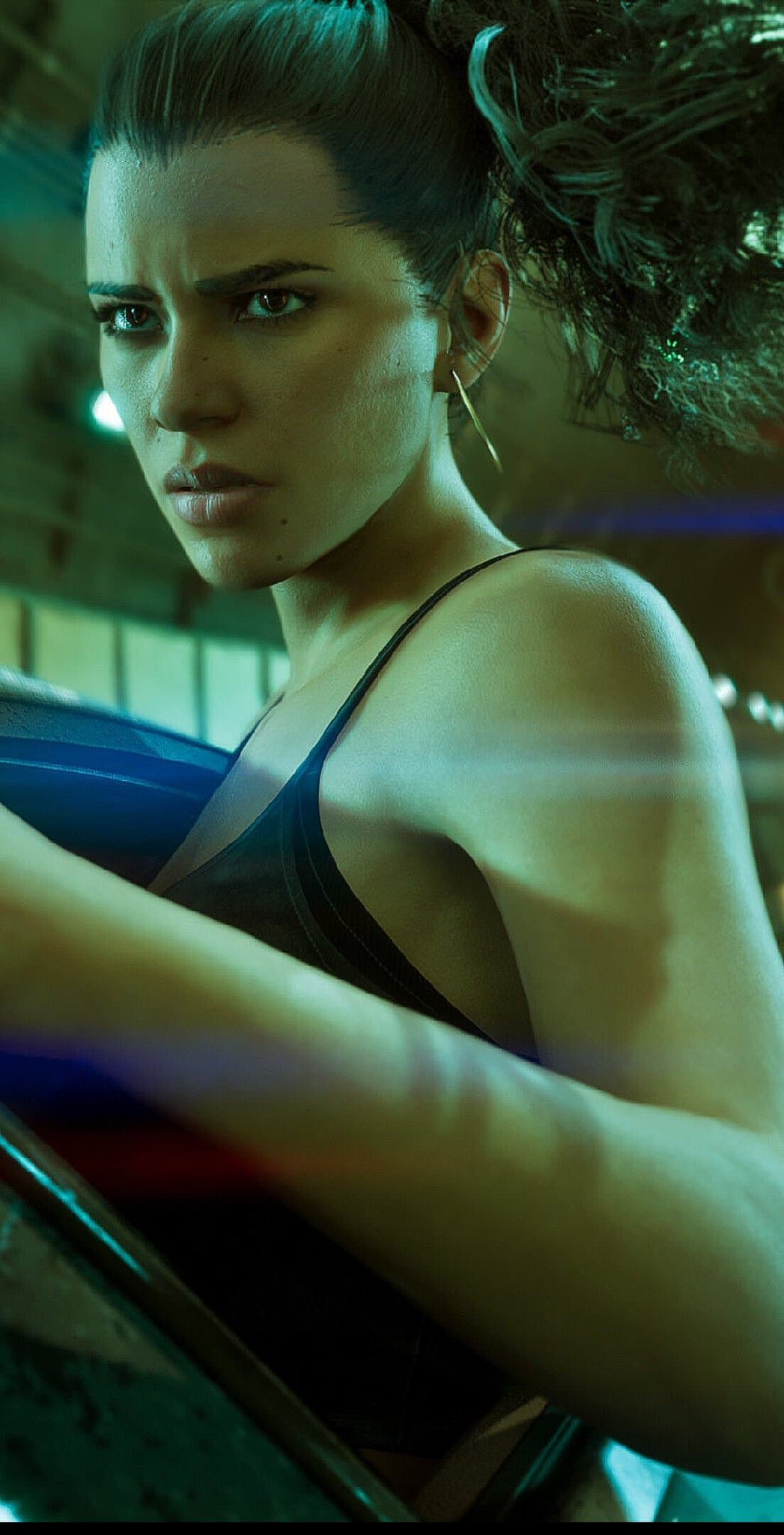 Vertical GTA VI phone wallpaper featuring a close portrait of Lucia Caminos beside a car under green neon lighting.